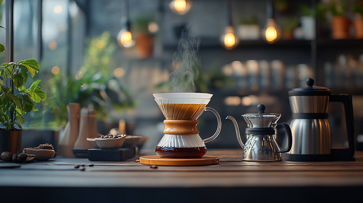 Pour-Over Setup with a Hario V60, Gooseneck Kettle, and Freshly Brewed Coffee