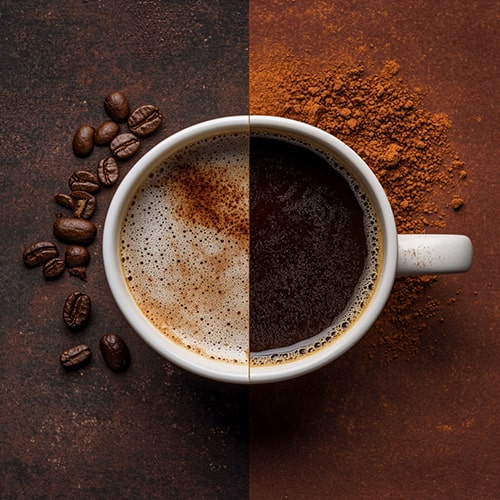 Science Behind Pour-Over Coffee — From Bean to Brew Coffee Cup with Whole Beans and Grounds, Illustrating the Science Behind Pour-Over Coffee