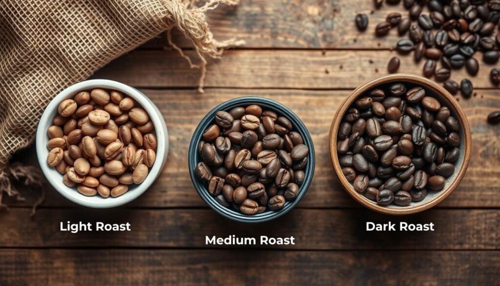 Coffee Roasting Profiles — Coffee Beans at Light, Medium, and Dark Roast Levels Light, Medium, and Dark Roasted Coffee Beans in Separate Containers