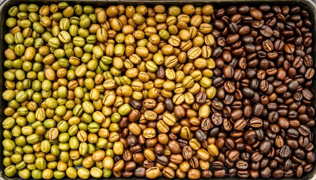 Home vs Commercial Coffee Roasting — Coffee Beans at Various Roasting Stages Coffee Beans at Various Stages of Roasting from Green to Dark Roast