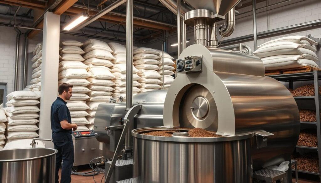 Home vs Commercial Coffee Roasting — Commercial Coffee Roasting Facility Large Scale Commercial Coffee Roaster with a Professional Setup and Bags of Beans