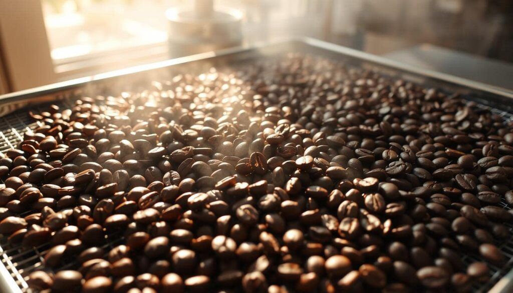Home vs Commercial Coffee Roasting — Freshly Roasted Coffee Beans Cooling Home vs Commercial Coffee Roasting — Freshly Roasted Coffee Beans Cooling on a Tray After Roasting