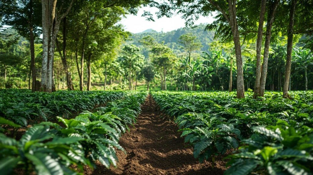 Shade-Grown Coffee Farm with Rows of Coffee Plants under Tall Trees