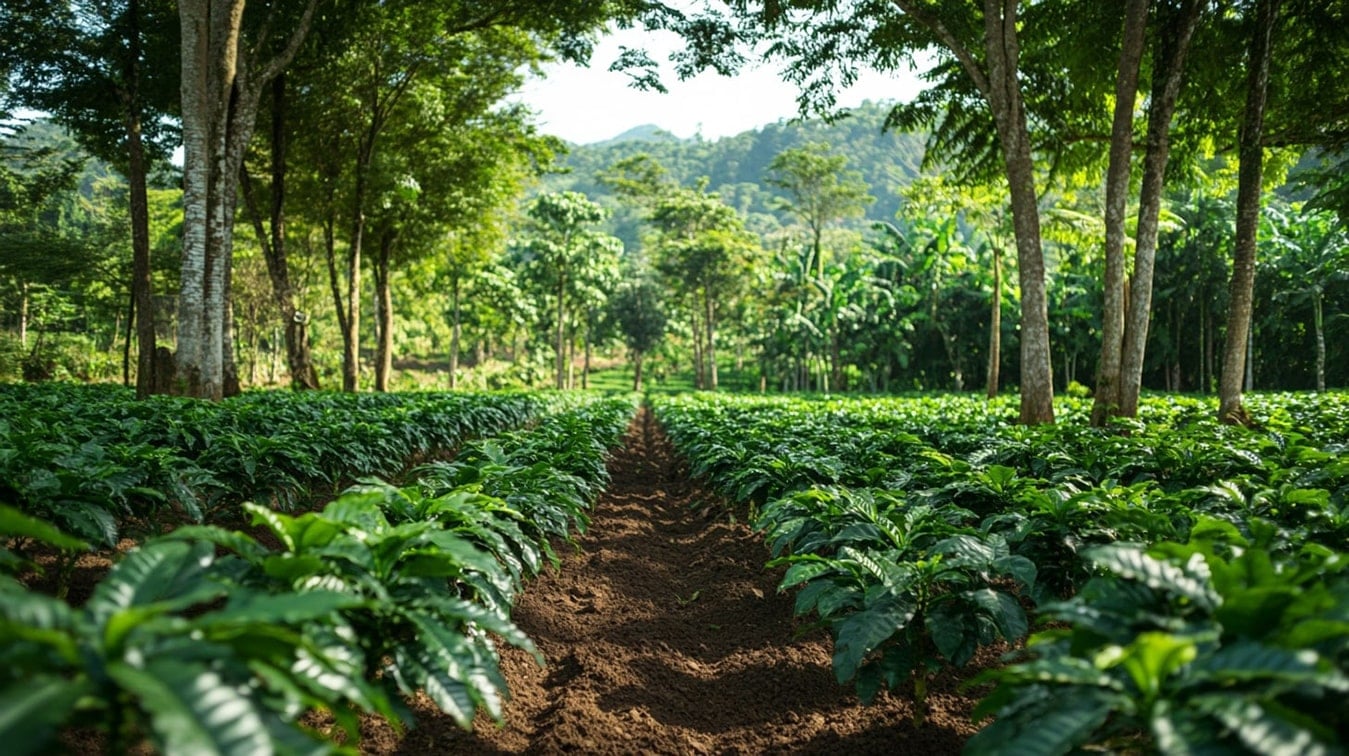 Shade-Grown Coffee Farm with Rows of Coffee Plants under Tall Trees