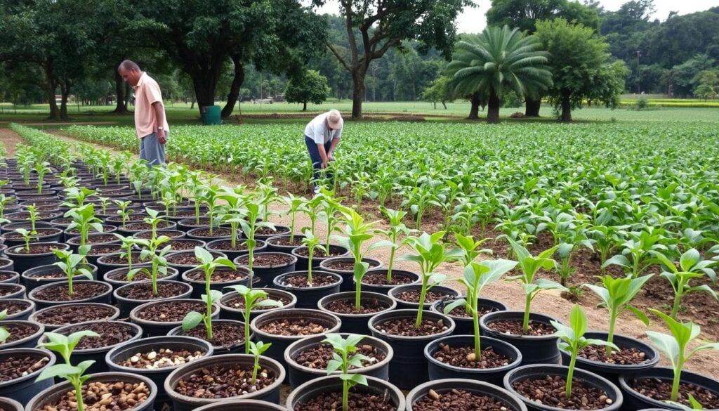 Young Coffee Plants Being Grown in Pots as Part of Sustainable Farming Methods