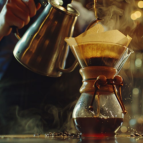 Pour-Over Brewing Process with Hot Water Pouring Over Coffee Grounds