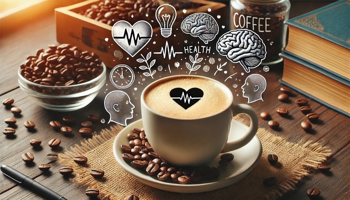 Coffee and Health Benefits — Cup of Coffee Surrounded by Beans on a Wooden Surface, with Health-Related Icons such as a Heartbeat and Brain