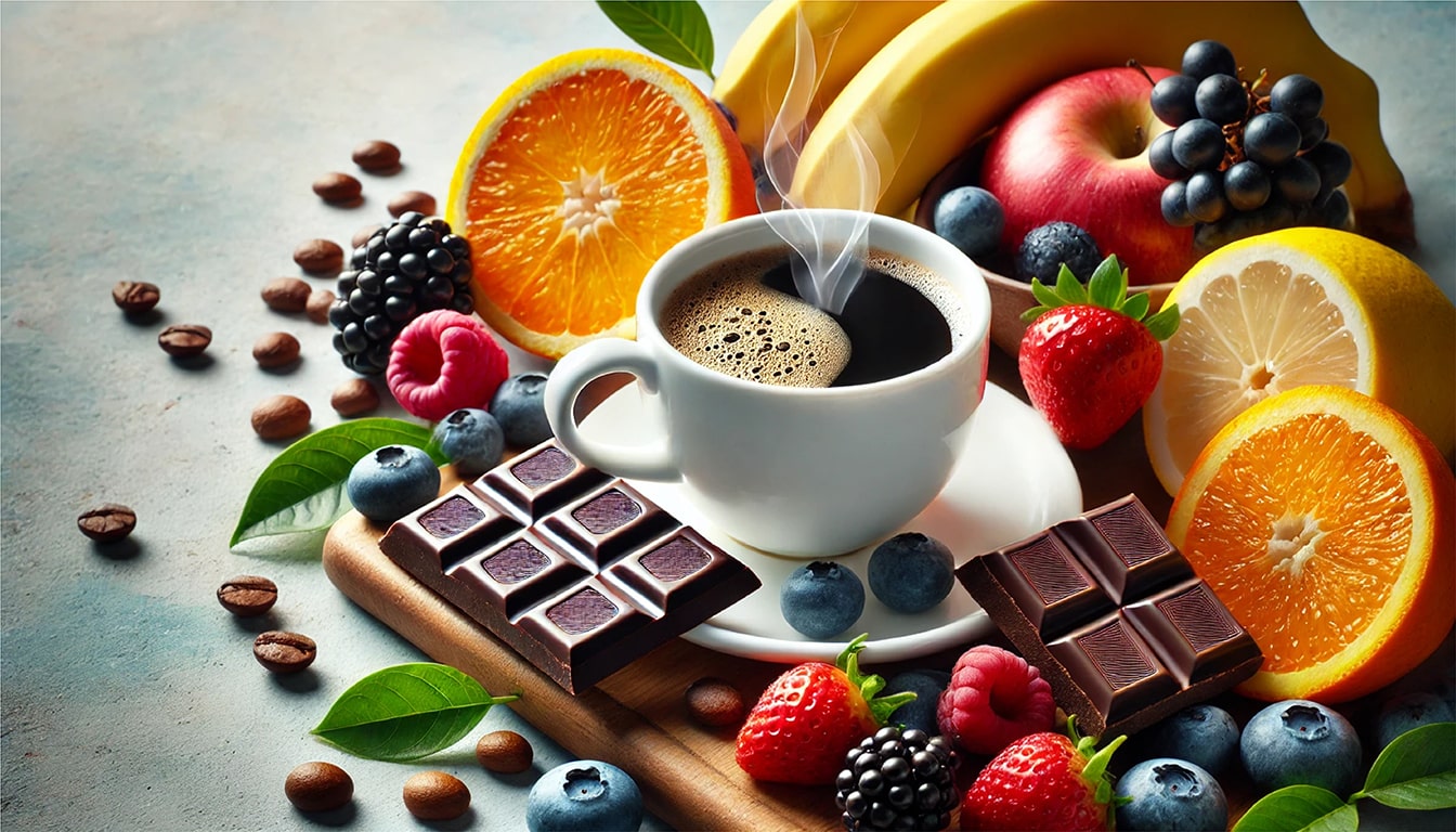 Coffee and Health Benefits — Fresh Cup of Coffee Next to Fresh Fruits Like Berries, Oranges, and Chocolate, Highlighting Antioxidants