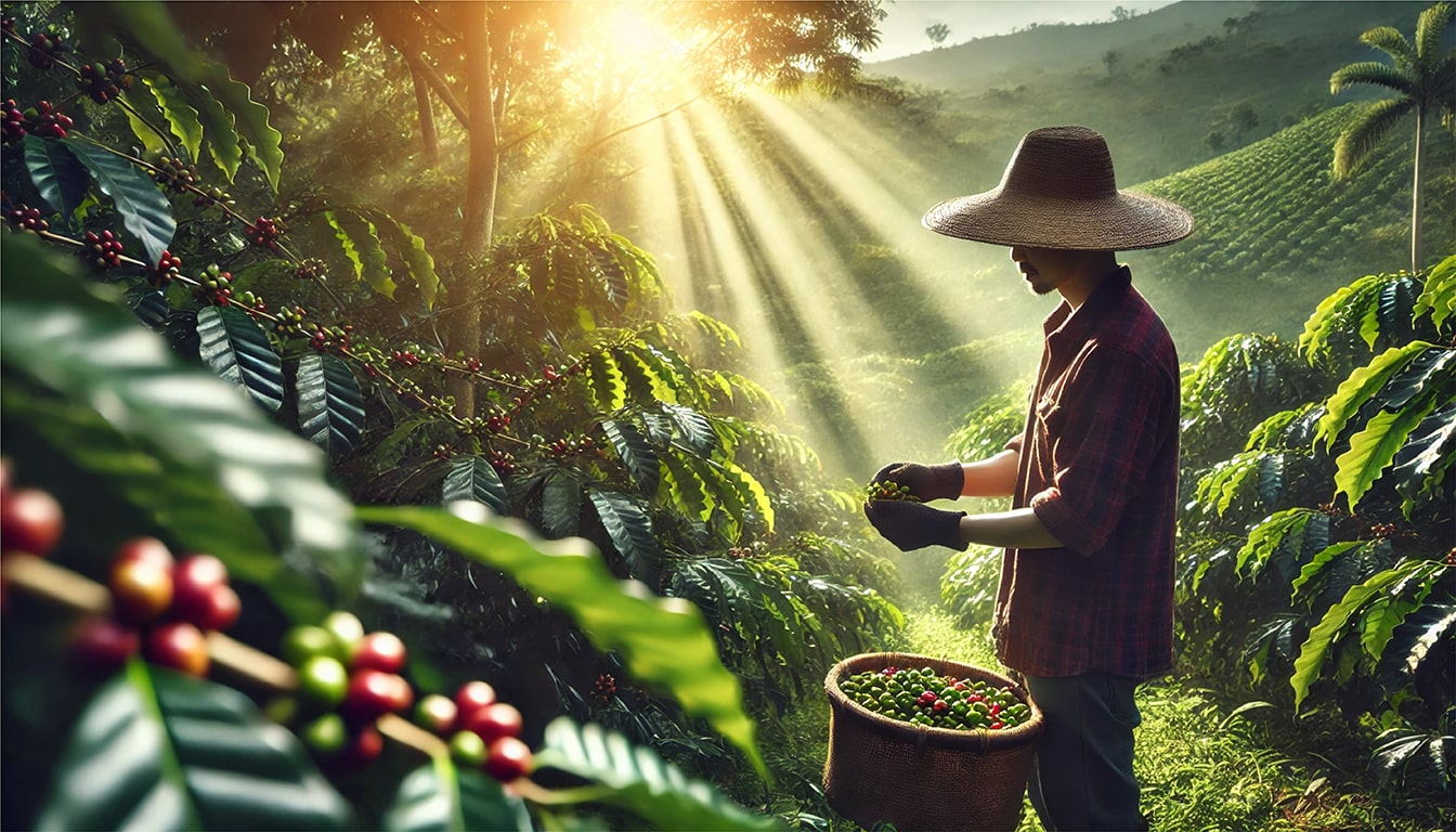 Coffee and Health Benefits — Coffee Farmer Harvesting Ripe Coffee Cherries in a Sunlit Plantation, Illustrating Sustainable Coffee Farming