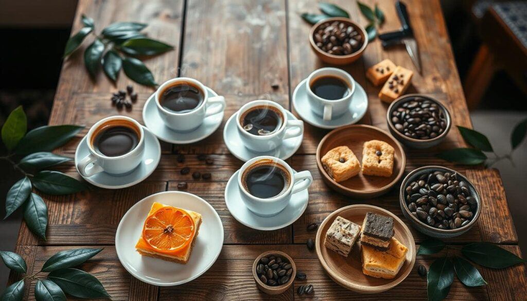 Variety of Coffee Cups with Pastries Arranged on a Wooden Table, Showcasing Different Coffee Aroma and Flavor Profiles