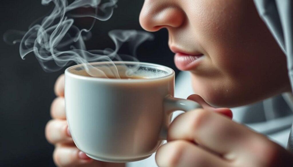 A Close-Up of a Person Inhaling the Aroma of a Fresh Cup of Coffee