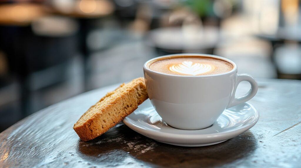 A Beautifully Crafted Latte Served with Biscotti