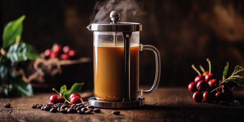 Coffee Aroma and Taste — Steaming French Press Coffee Surrounded by Coffee Cherries and Beans