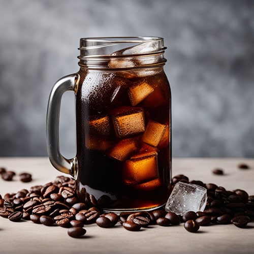 Coffee Aroma and Taste — Cold Brew Coffee with Ice Coffee Aroma and Taste — Jar of Iced Cold Brew Coffee Surrounded by Coffee Beans