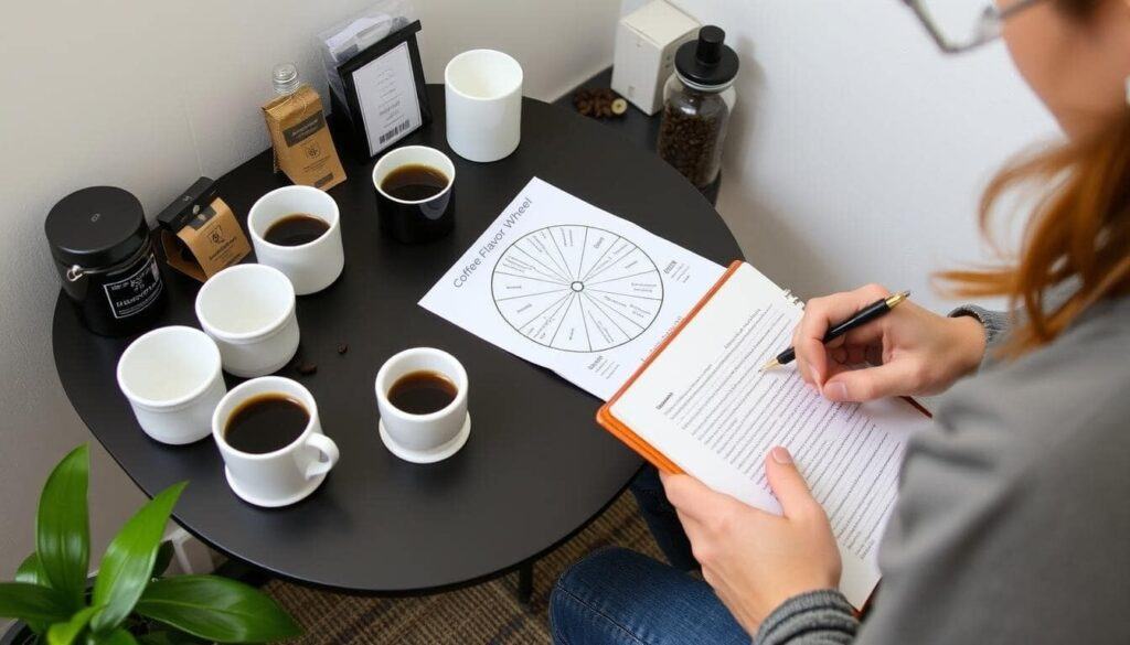 Coffee Aroma and Taste — Coffee Tasting with Flavor Wheel Person Taking Notes During a Coffee Tasting Session with a Flavor Wheel