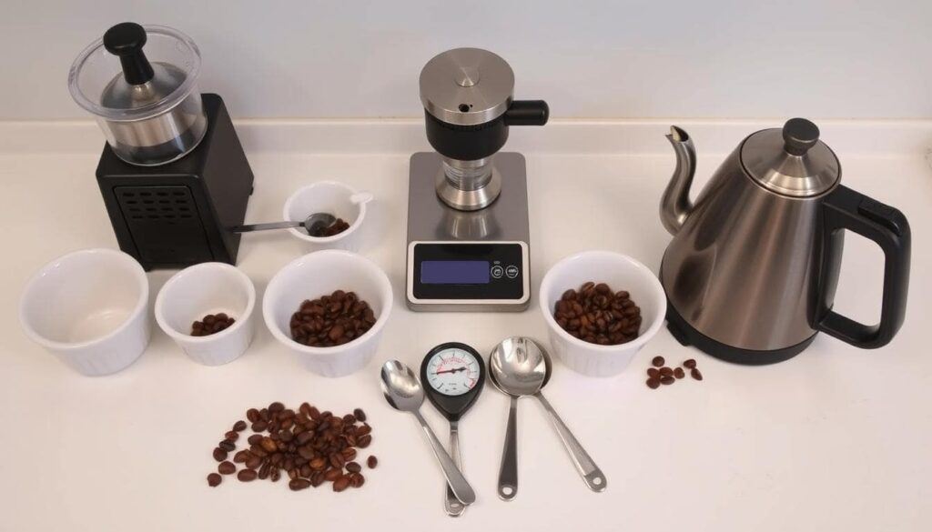 Coffee Cupping Equipment Setup with Bowls, Beans, and Scales