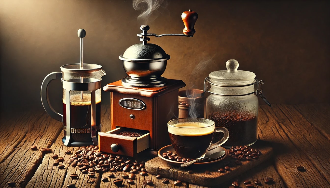 Coffee Gear Problems — Coffee Brewing Setup with a Manual Grinder, French Press, and Coffee Jar