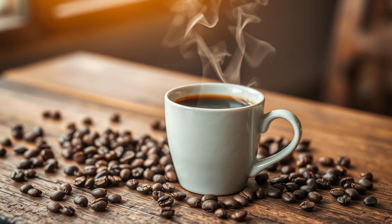 Coffee Tasting for Beginners — Steaming Cup of Freshly Brewed Coffee with Coffee Beans on a Wooden Table