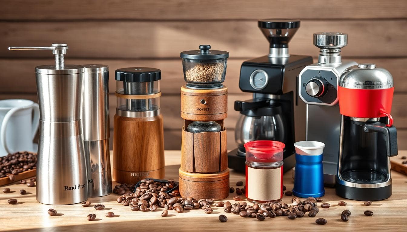 How to Choose a Coffee Grinder — Various Coffee Grinders Displayed on a Counter with Coffee Beans