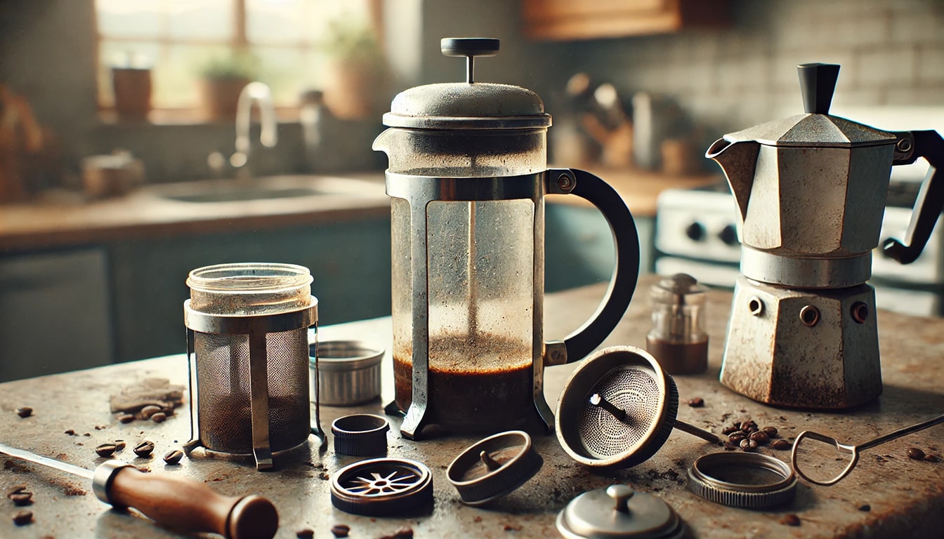 How to Clean and Maintain Coffee Equipment — Disassembled French Press and Moka Pot with Parts Ready for Cleaning