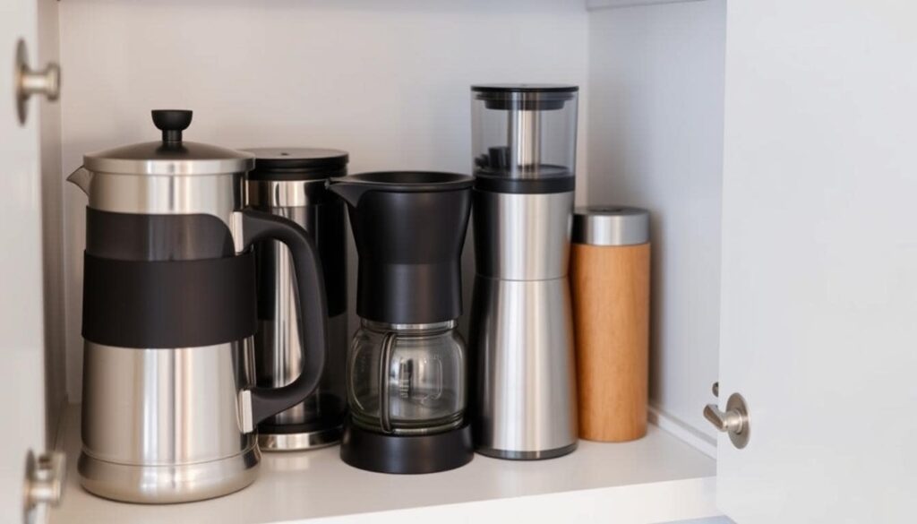 How to Clean and Maintain Coffee Equipment — Organized Coffee Brewing Gear in Cabinet Coffee Brewing Equipment, Including a French Press, Stored in a Cabinet