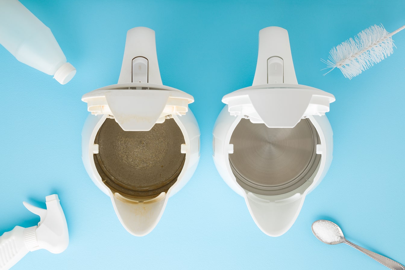 How to Descale Coffee Machines — Side-by-Side Comparison of Clean and Dirty Electric Kettle After Descaling