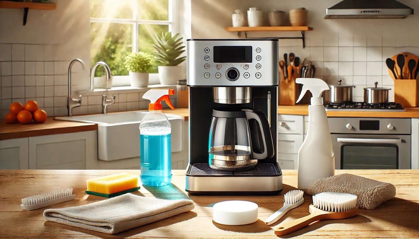 Tools for Cleaning Your Coffee Gears — Coffee Machine with Cleaning Supplies on a Kitchen Counter