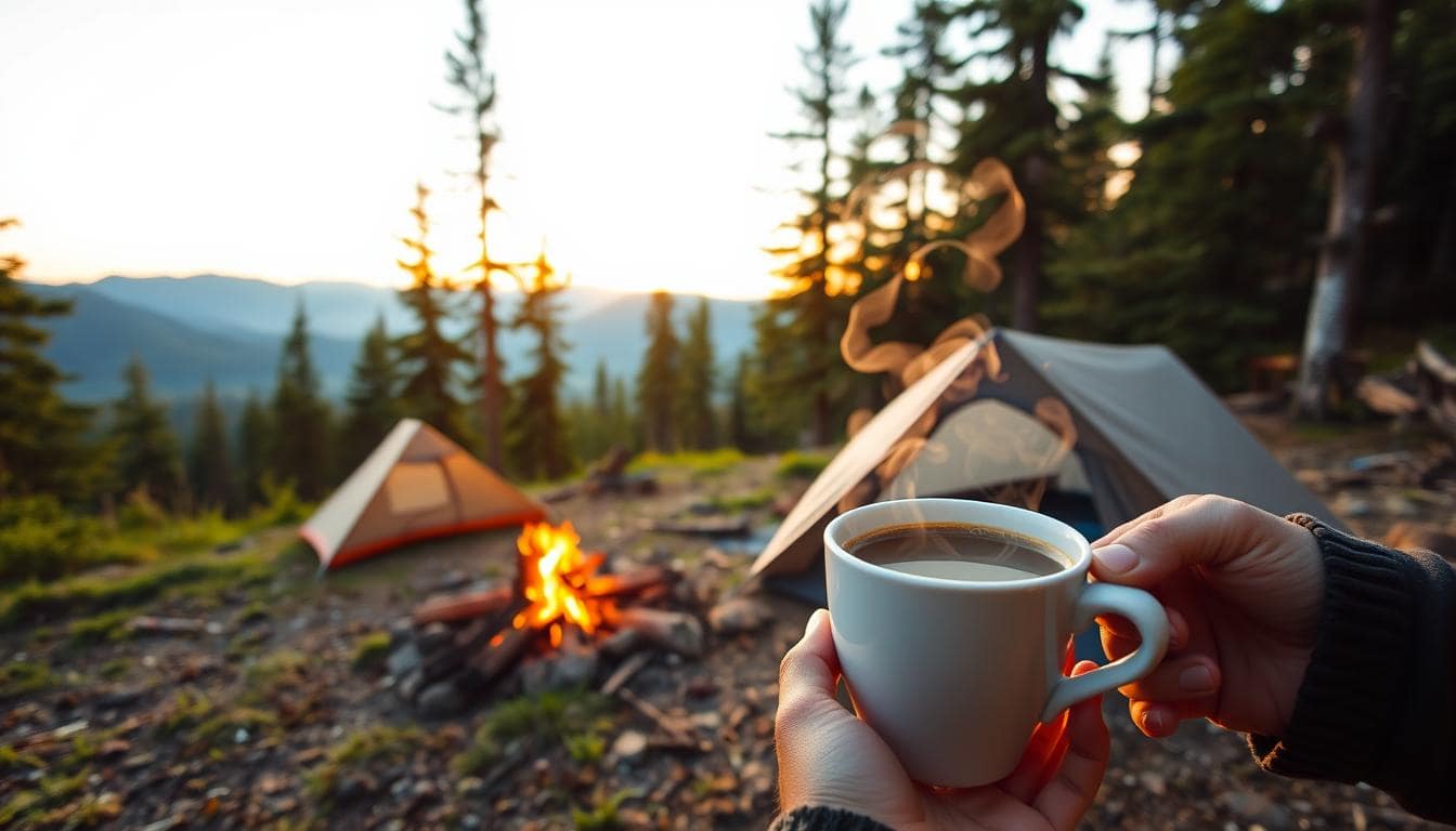 A Person Holding Coffee by a Campfire in the Wilderness at Sunrise