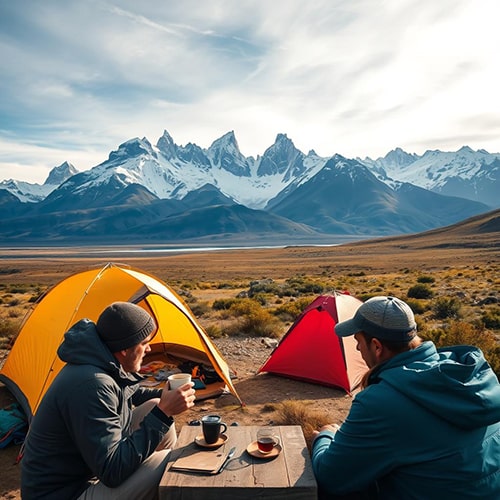 Adventure and Coffee — Enjoying Coffee in Patagonia Two Campers Drinking Coffee with Patagonia Mountains in Background