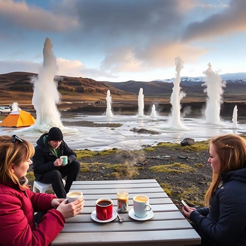 Adventure and Coffee — Coffee Break by Iceland Geysers Three People Enjoying Coffee with Icelandic Geysers in Background