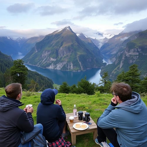 Adventure and Coffee — Coffee and Scenic Fjords in New Zealand Adventure and Coffee — Group of Friends Drinking Coffee Overlooking New Zealand Fjords