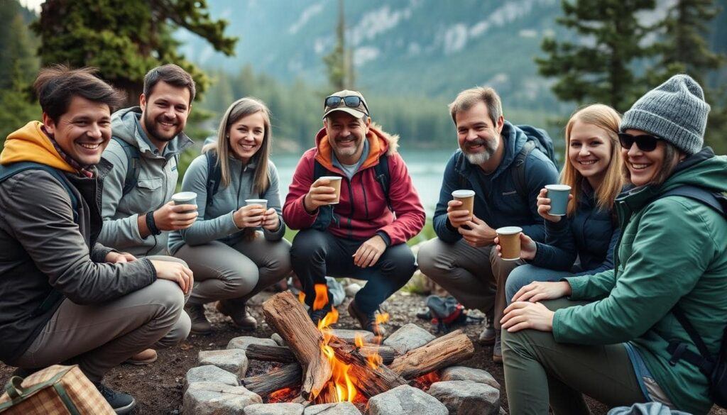 Adventure and Coffee — Group of Hikers Holding Coffee Around a Campfire Adventure and Coffee — Group of Hikers Holding Coffee Around a Campfire