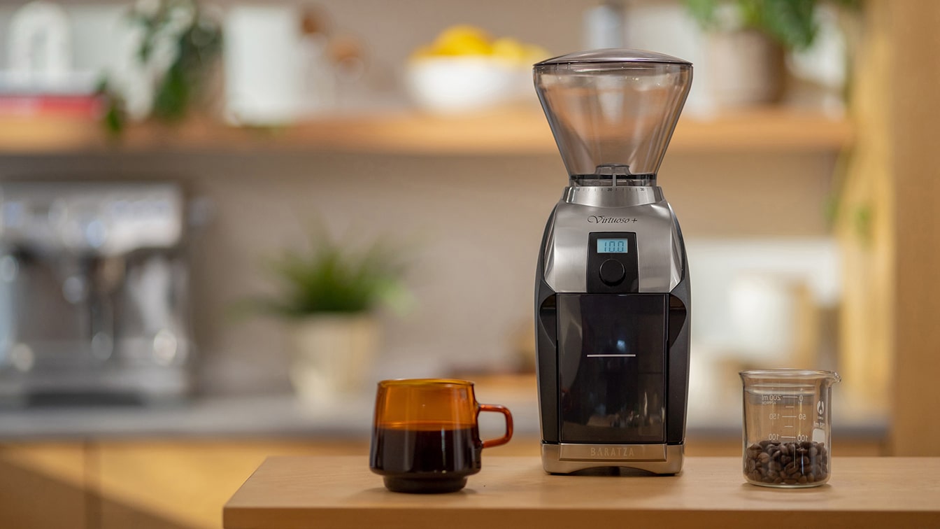 aratza Virtuoso Conical Burr Coffee Grinder Displayed on a Wooden Kitchen Counter