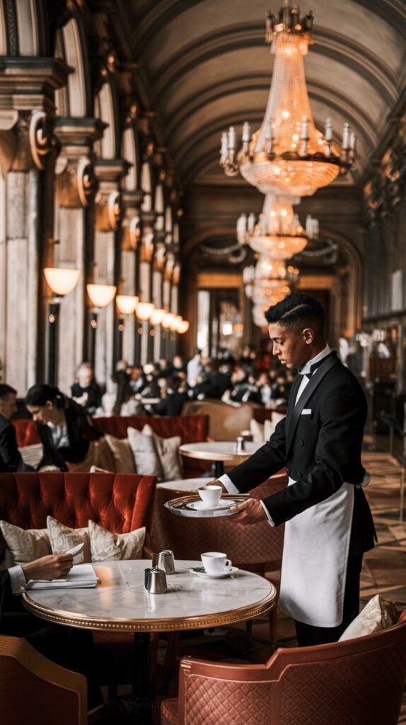 Coffee Capitals of the World — The Elegance of Café Central in Vienna Coffee Capitals of the World — Waiter Serving Coffee in Café Central with Chandeliers and Elegant Decor