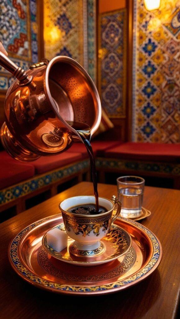 Coffee Capitals of the World — Traditional Turkish Coffee in Istanbul Turkish Coffee Being Poured from a Copper Cezve into a Decorated Cup on a Tray