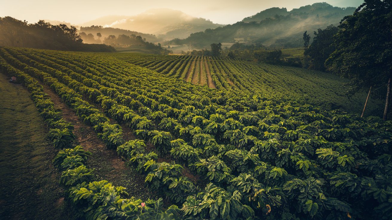 Visiting Coffee Farms and Plantations — Coffee Plantation at Sunrise with Rows of Plants Stretching toward Distant Hills