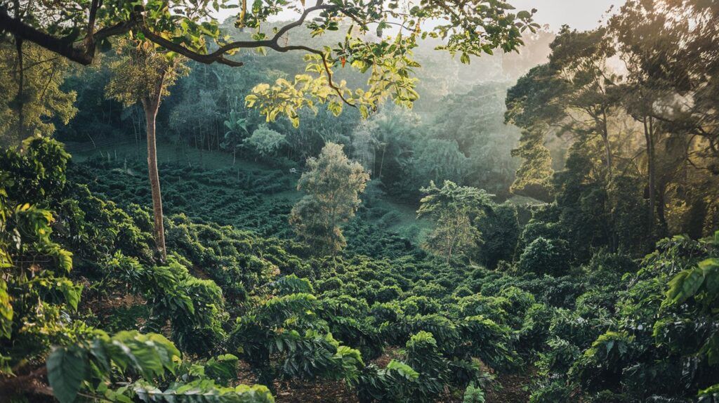 Visiting Coffee Farms and Plantations — Dense Green Coffee Plantation with Trees and Hills in the Background, Enveloped in Morning Mist