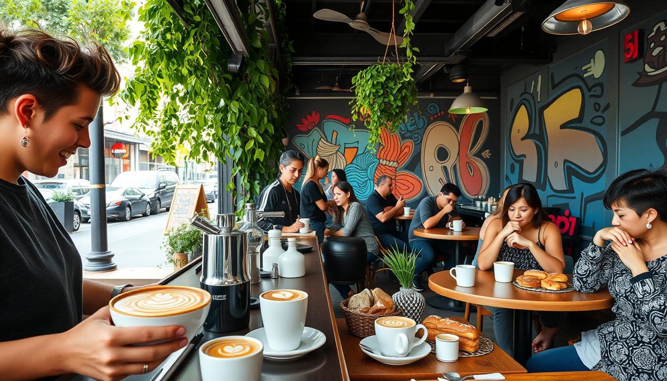 Melbourne Coffee Culture — A Melbourne Café with Patrons, a Barista, and a Mural