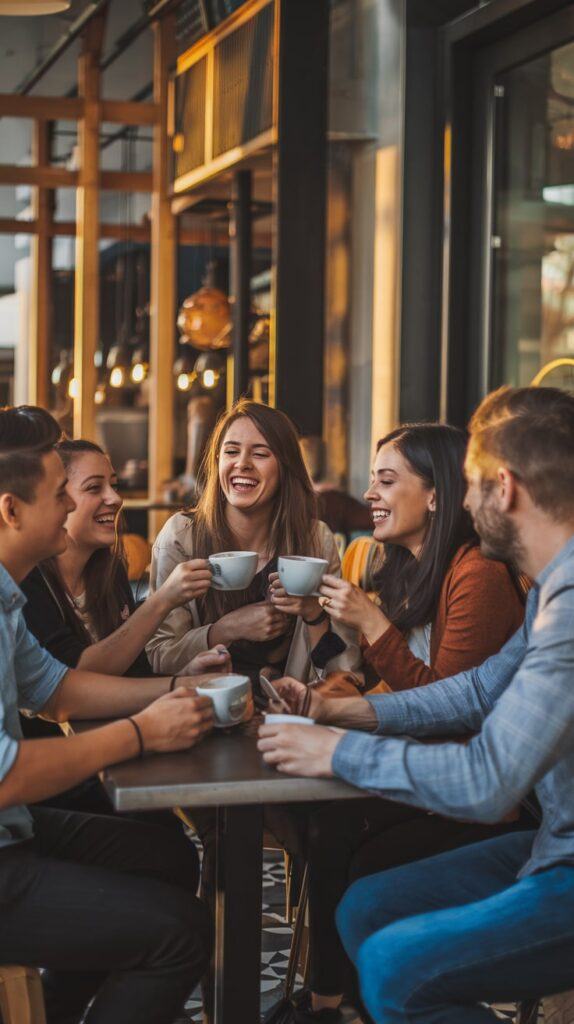 Friends Laughing and Chatting over Coffee at a Modern Melbourne Café