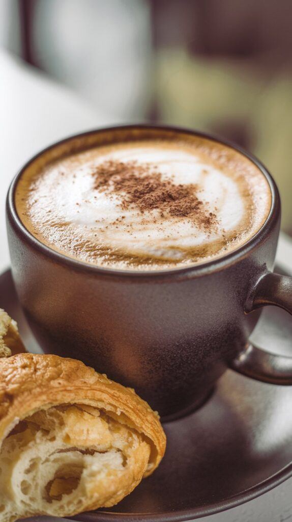 A Magic Coffee in a Matte Black Cup with a Sprinkle of Cocoa Powder, Paired with a Flaky Croissant