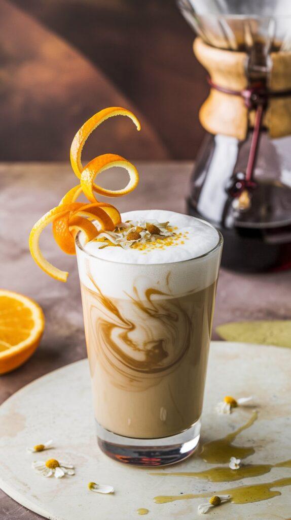 Melbourne Coffee Recipes — Mont Blanc Coffee Infused with Hojicha, Chamomile, and Citrus, Topped with Orange Peel Garnish