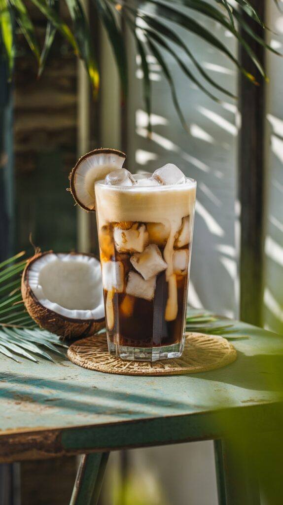 Portland Coffee Culture — Coconut Cold Brew with Ice and Coconut Slices Coconut Cold Brew with Ice and Coconut Slices
