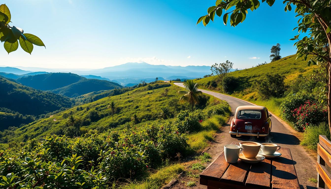 Scenic Coffee Routes — A Scenic Road with a Vintage Car Through Green Coffee Plantations and a Coffee Setup