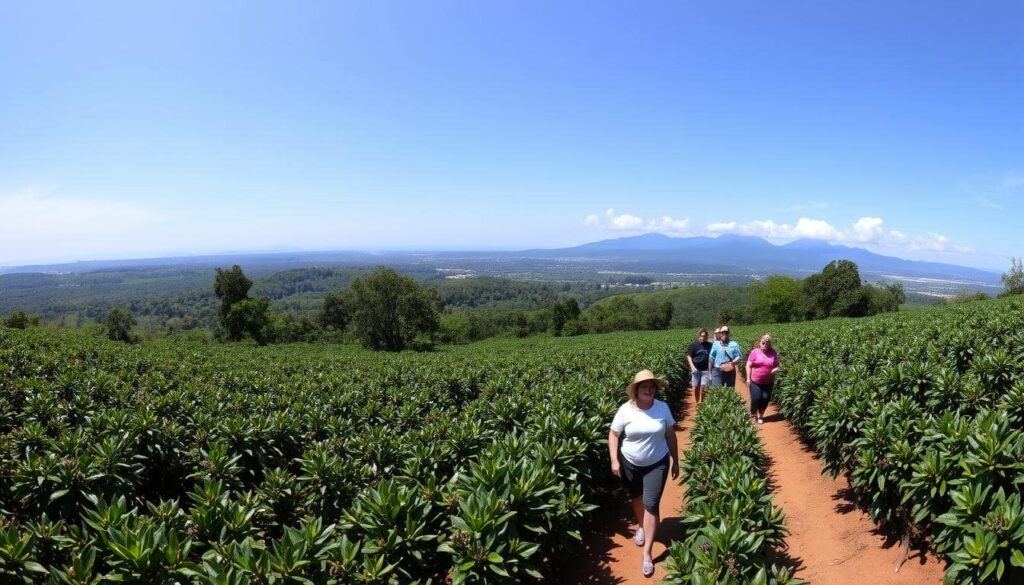 Scenic Coffee Routes Through Costa Rica's Coffee Plantations Group of Tourists Exploring a Coffee Plantation in Costa Rica with Mountains in the Background