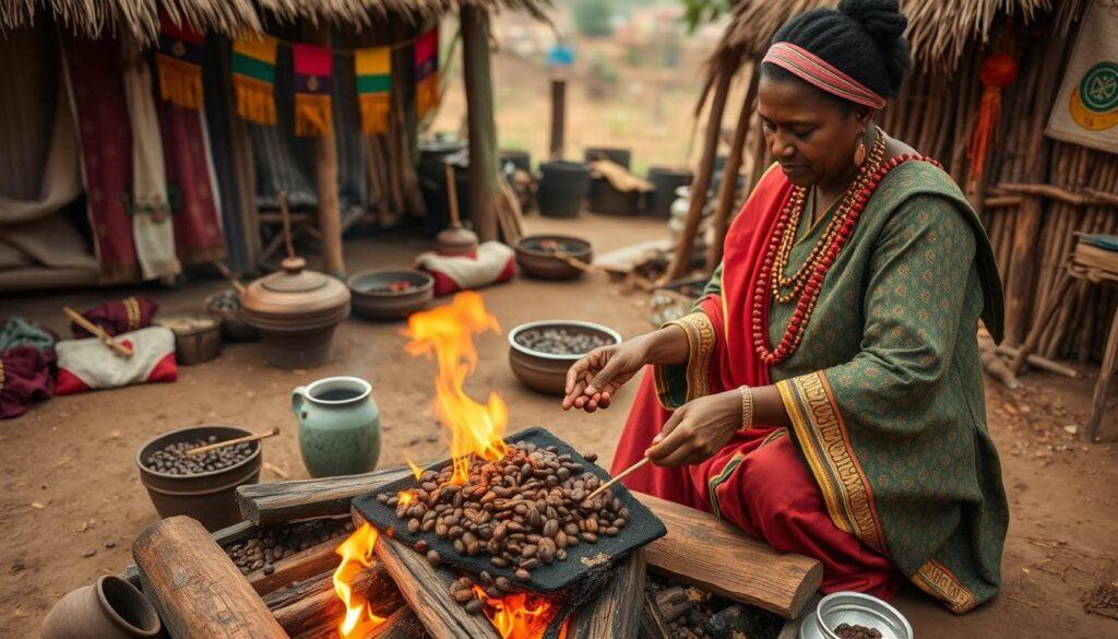 Traditional Ethiopian Coffee Ceremony on Scenic Coffee Routes Ethiopian Woman Roasting Coffee Beans during a Traditional Ceremony
