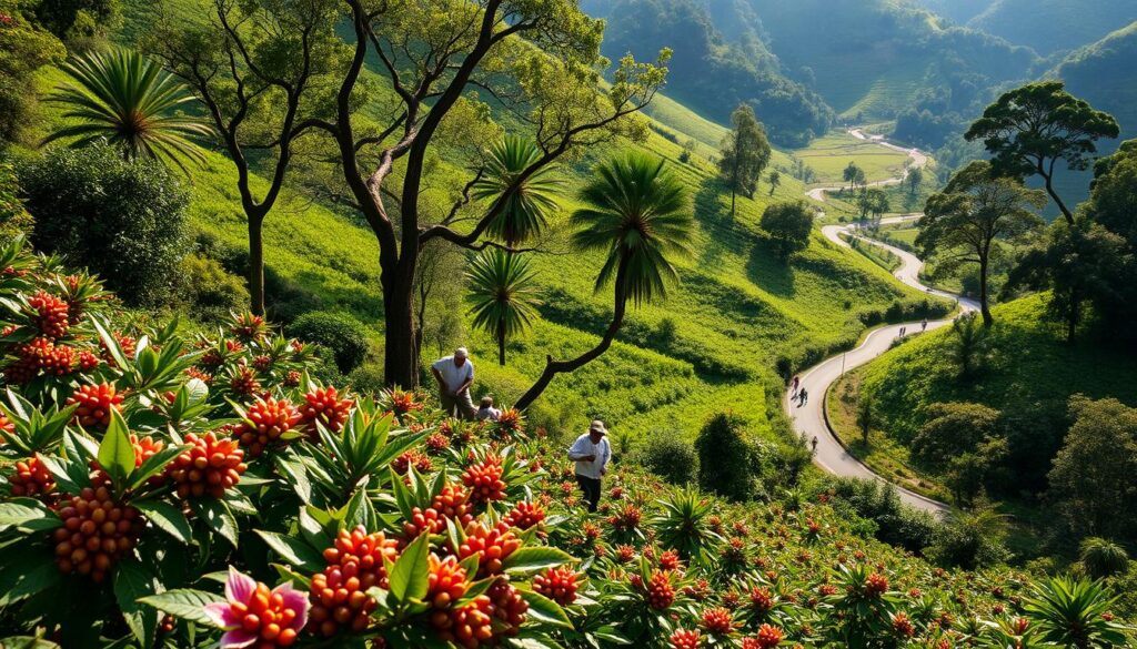 Scenic Coffee Routes Through Sustainable Coffee Plantations Scenic Coffee Routes — Workers Picking Coffee Cherries Surrounded by Tropical Greenery