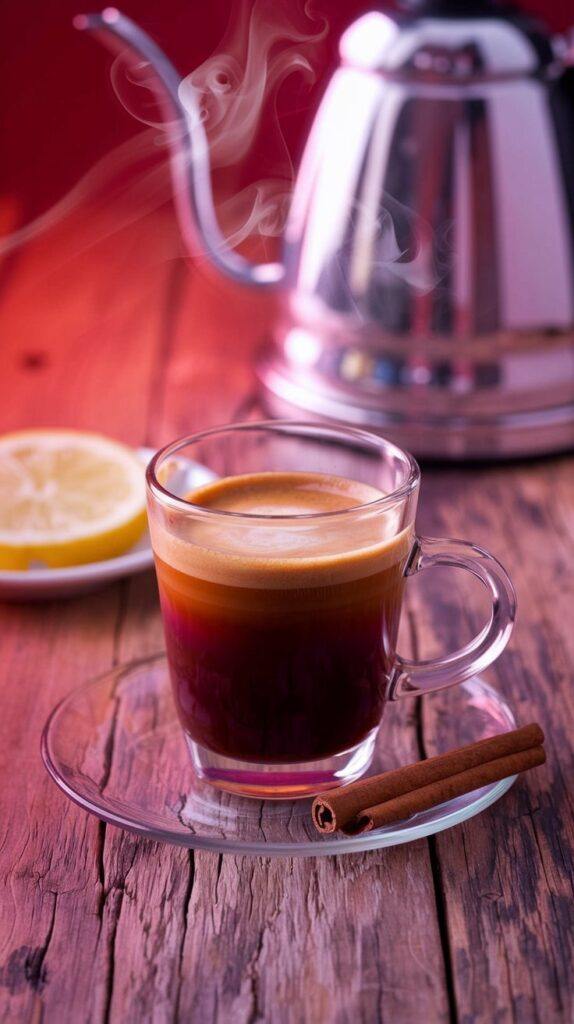Freshly Brewed Americano in a Glass Cup with Steam Rising, Cinnamon Sticks, and Lemon Slices
