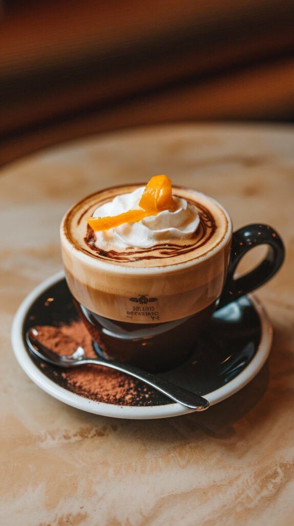 Seattle Coffee Recipes — Caffè Medici Served in a Black Cup with Whipped Cream, Orange Peel Garnish, and Chocolate Drizzle