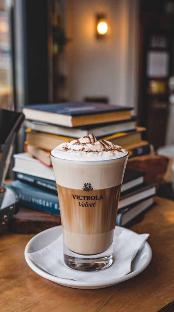 Victrola Velvet Latte Served in a Branded Glass, Topped with Frothy Milk and a Dusting of Cocoa Powder, Surrounded by Books
