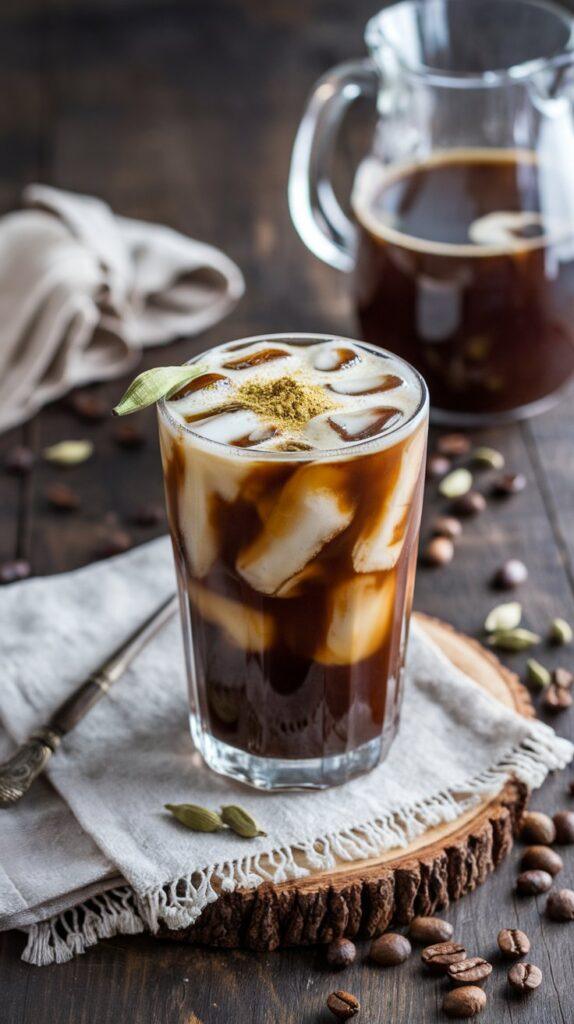 Signature Portland Coffee Recipes — Cardamom Cold Brew Coffee Signature Portland Coffee Recipes — Tall Glass of Cardamom Cold Brew Coffee with Ice, Garnished with Cardamom and Served on a Rustic Wooden Platter